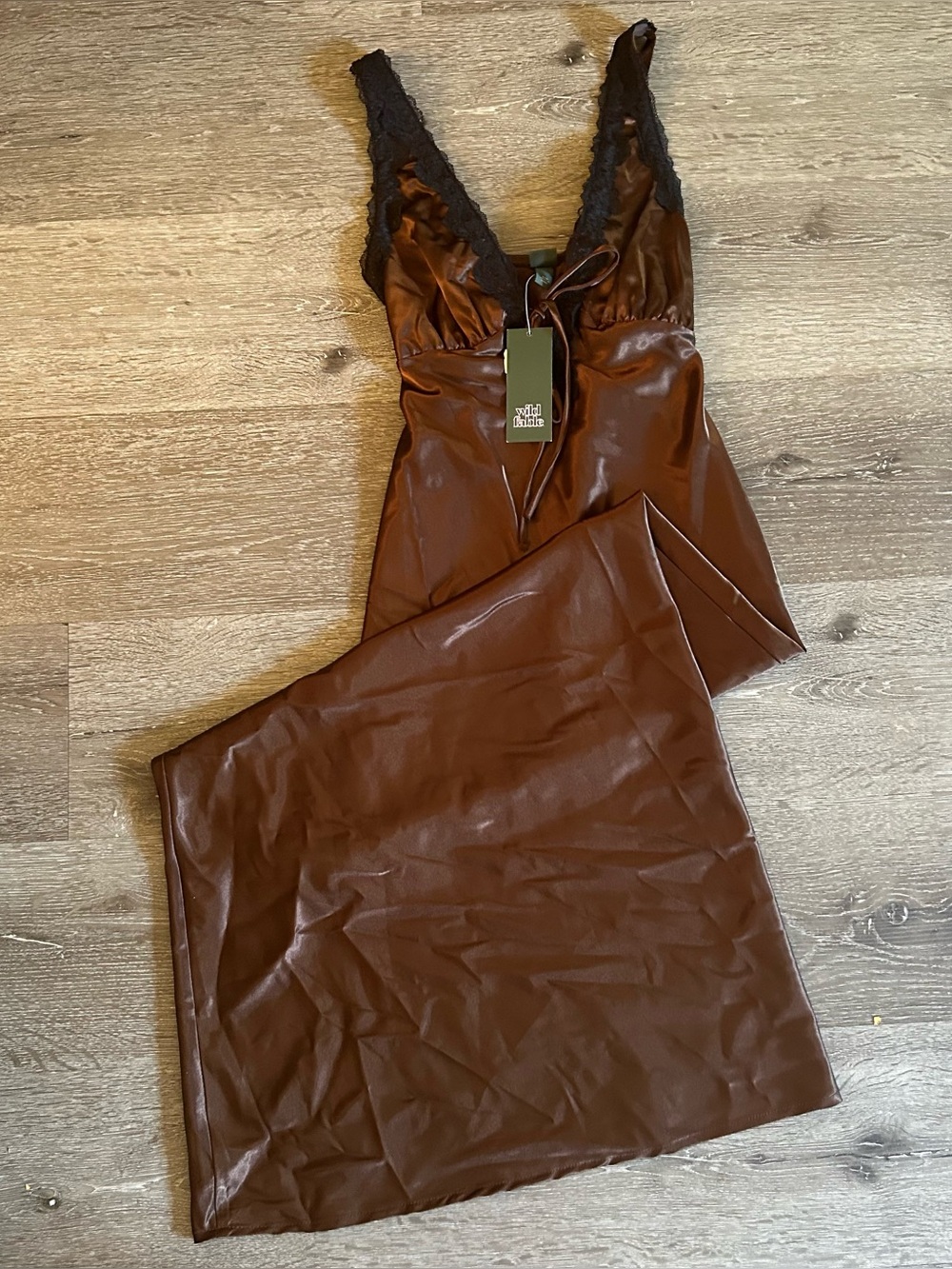 NWT XXS Wild Fable Brown V Neck Black Lace Maxi Slip Dress